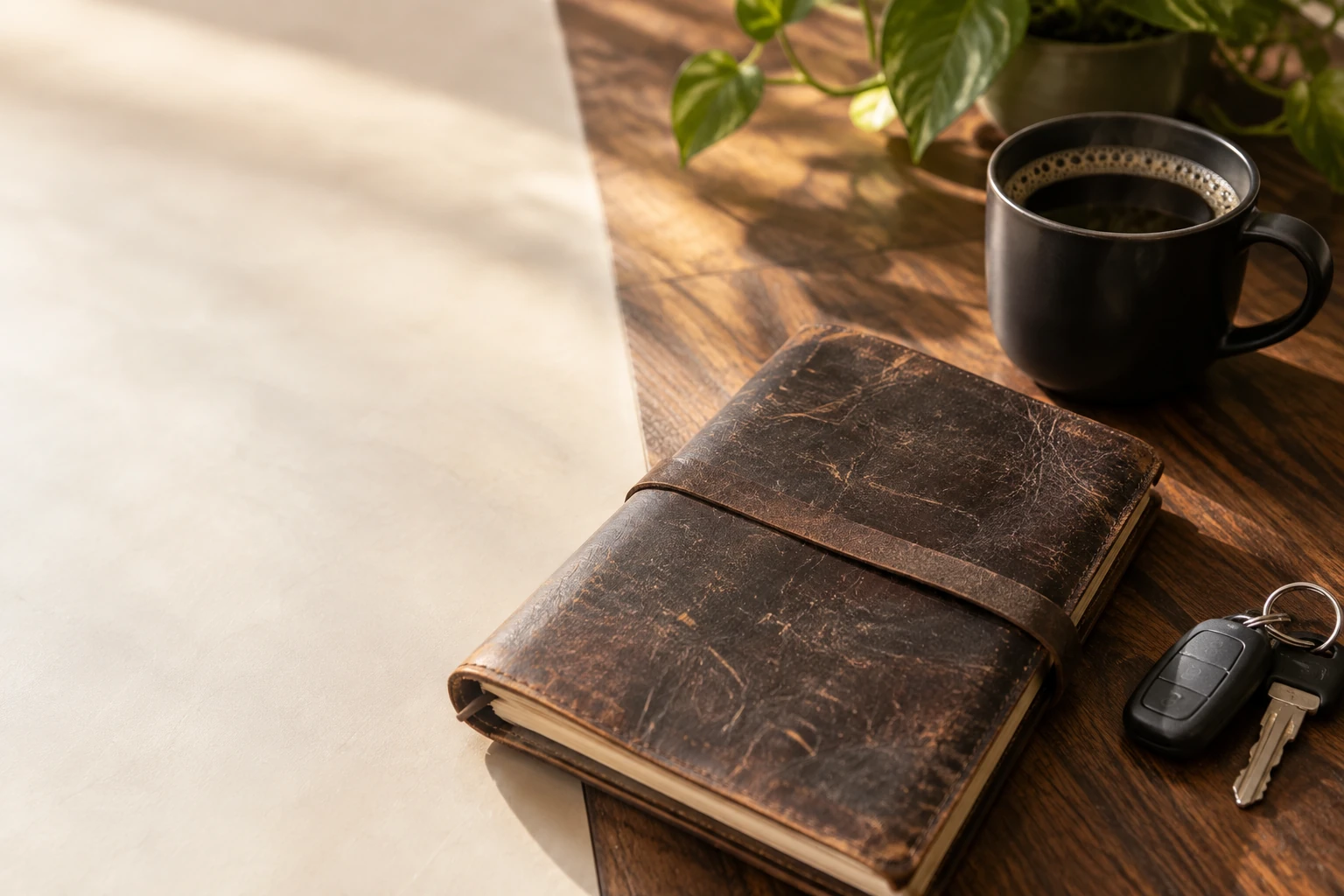 A worn notebook, truck keys and a cup of black coffee on a wooden desk